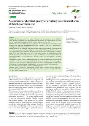Assessment of Chemical Quality of Drinking Water in Rural Areas of Babol, Northern Iran Zabihollah Yousefi1, Hossein Sahebian2*