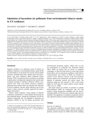 Inhalation of Hazardous Air Pollutants from Environmental Tobacco Smoke in US Residences
