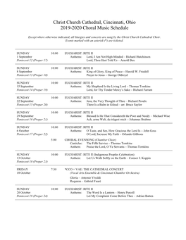 Christ Church Cathedral, Cincinnati, Ohio 2019-2020 Choral Music Schedule