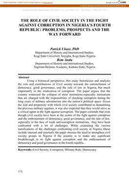 The Role of Civil Society in the Fight Against Corruption in Nigeria’S Fourth Republic: Problems, Prospects and the Way Forward