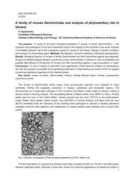 A Family of Viruses Geminiviridae and Analysis of Phytosanitary Risk in Ukraine A