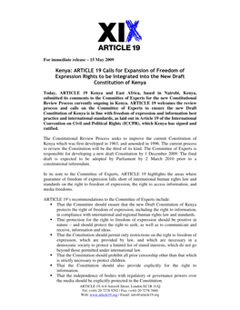 Kenya: ARTICLE 19 Calls for Expansion of Freedom of Expression Rights to Be Integrated Into the New Draft Constitution of Kenya