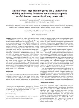 Knockdown of High Mobility Group Box 3 Impairs Cell Viability and Colony Formation but Increases Apoptosis in A549 Human Non‑Small Cell Lung Cancer Cells