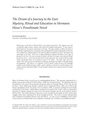 The Dream of a Journey to the East: Mystery, Ritual and Education in Hermann Hesse’S Penultimate Novel
