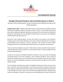 FOR IMMEDIATE RELEASE Shanghai Disneyland Reopens With