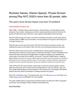 Rockstar Games, Warren Spector, Private Division Among Play NYC 2020’S More Than 50 Panels, Talks