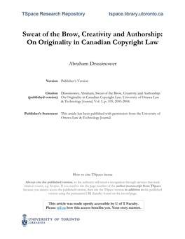 Sweat of the Brow, Creativity and Authorship: on Originality in Canadian Copyright Law