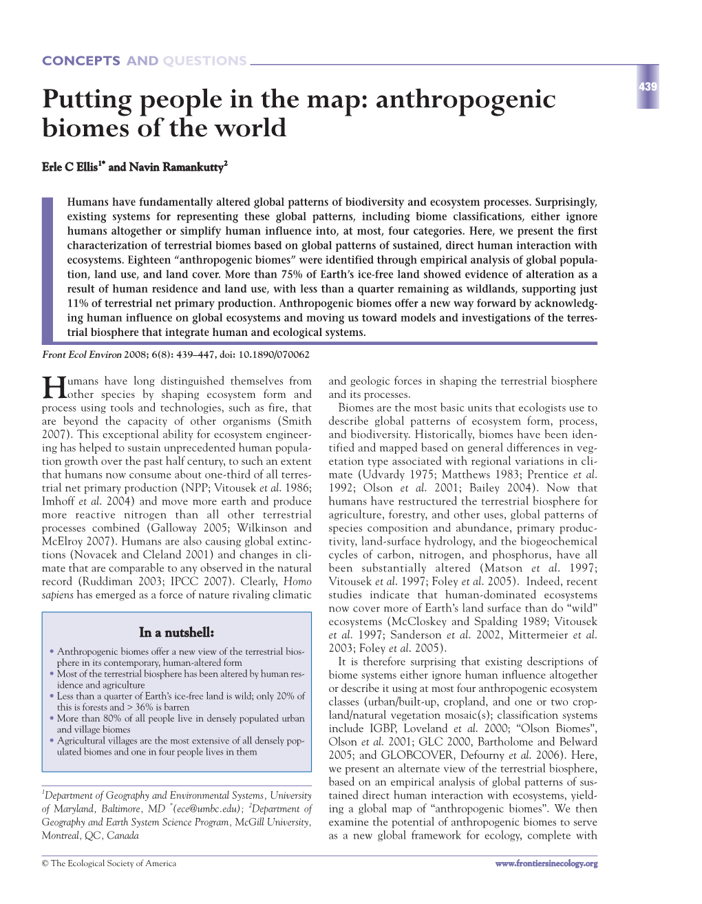 Anthropogenic Biomes of the World EC Ellis and N Ramankutty