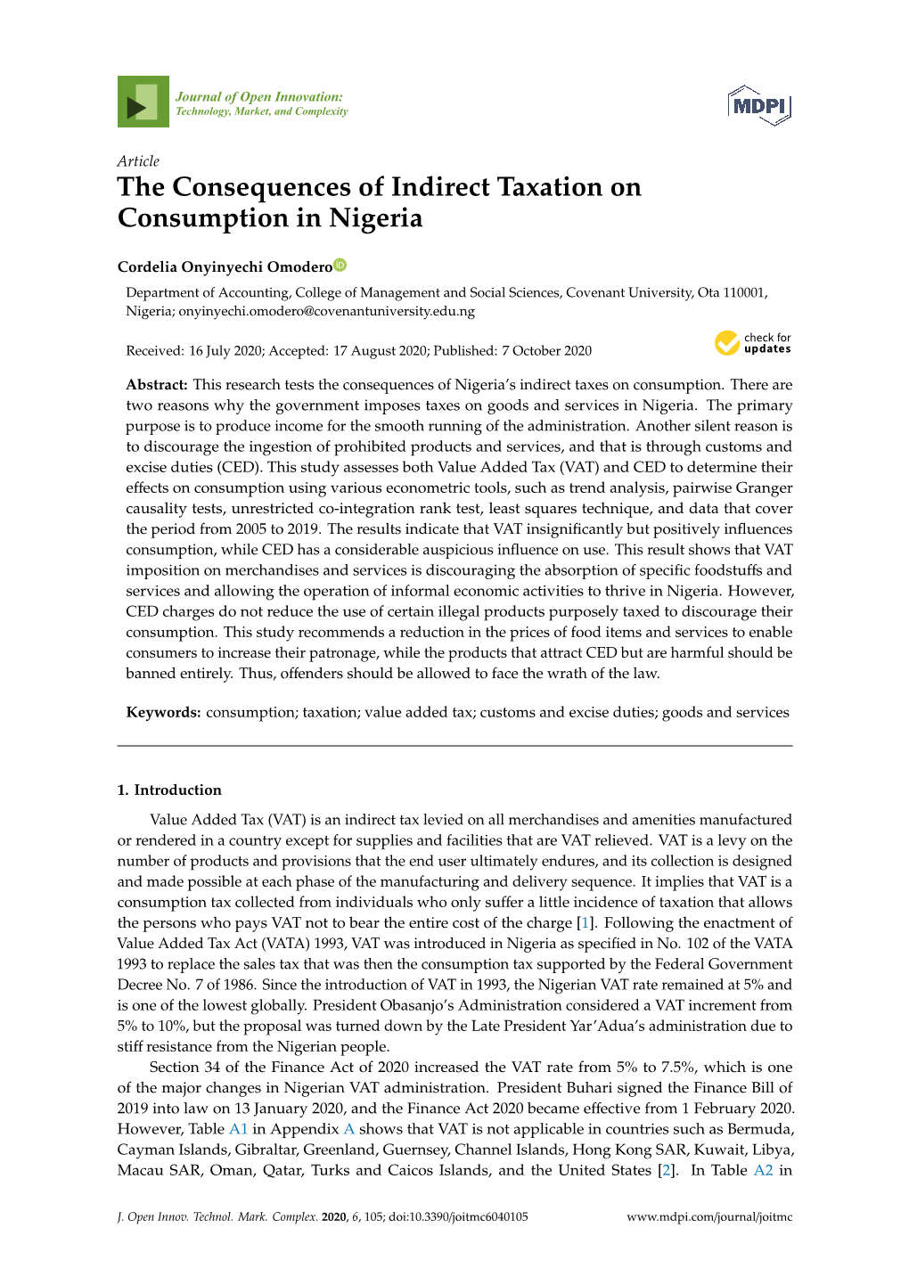 The Consequences of Indirect Taxation on Consumption in Nigeria