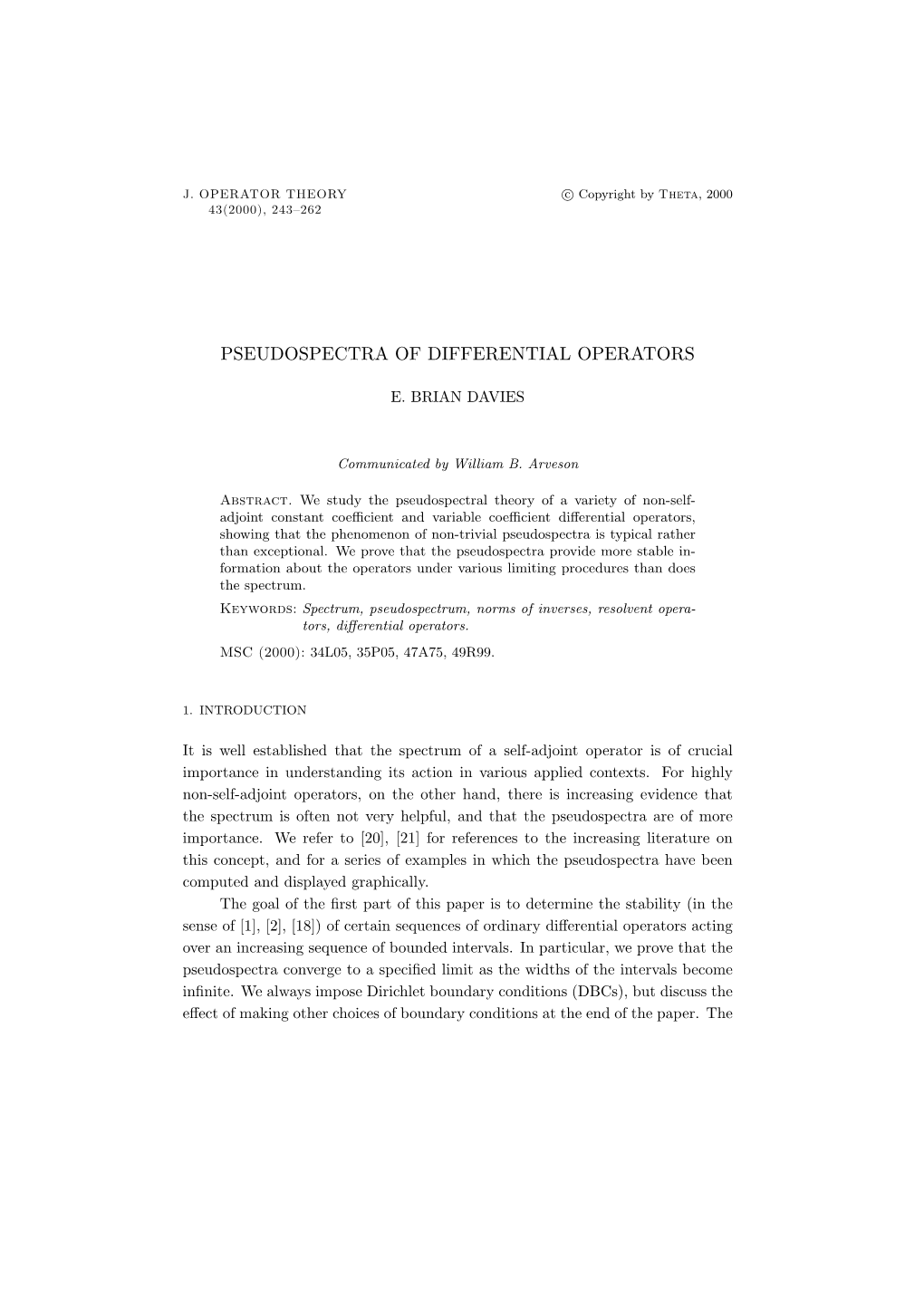 Pseudospectra of Differential Operators