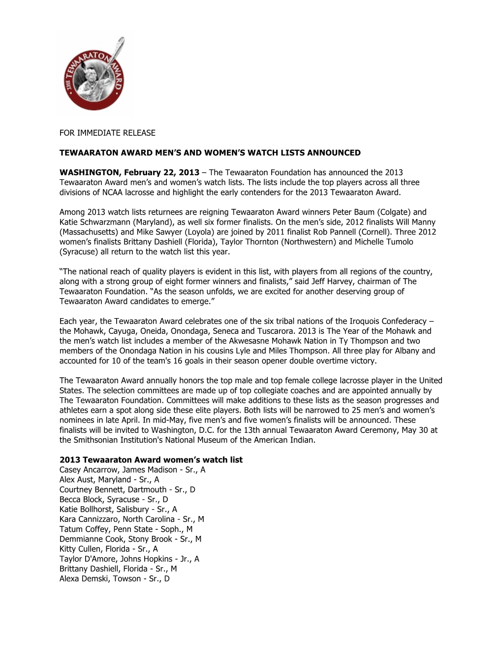 For Immediate Release Tewaaraton Award Men's