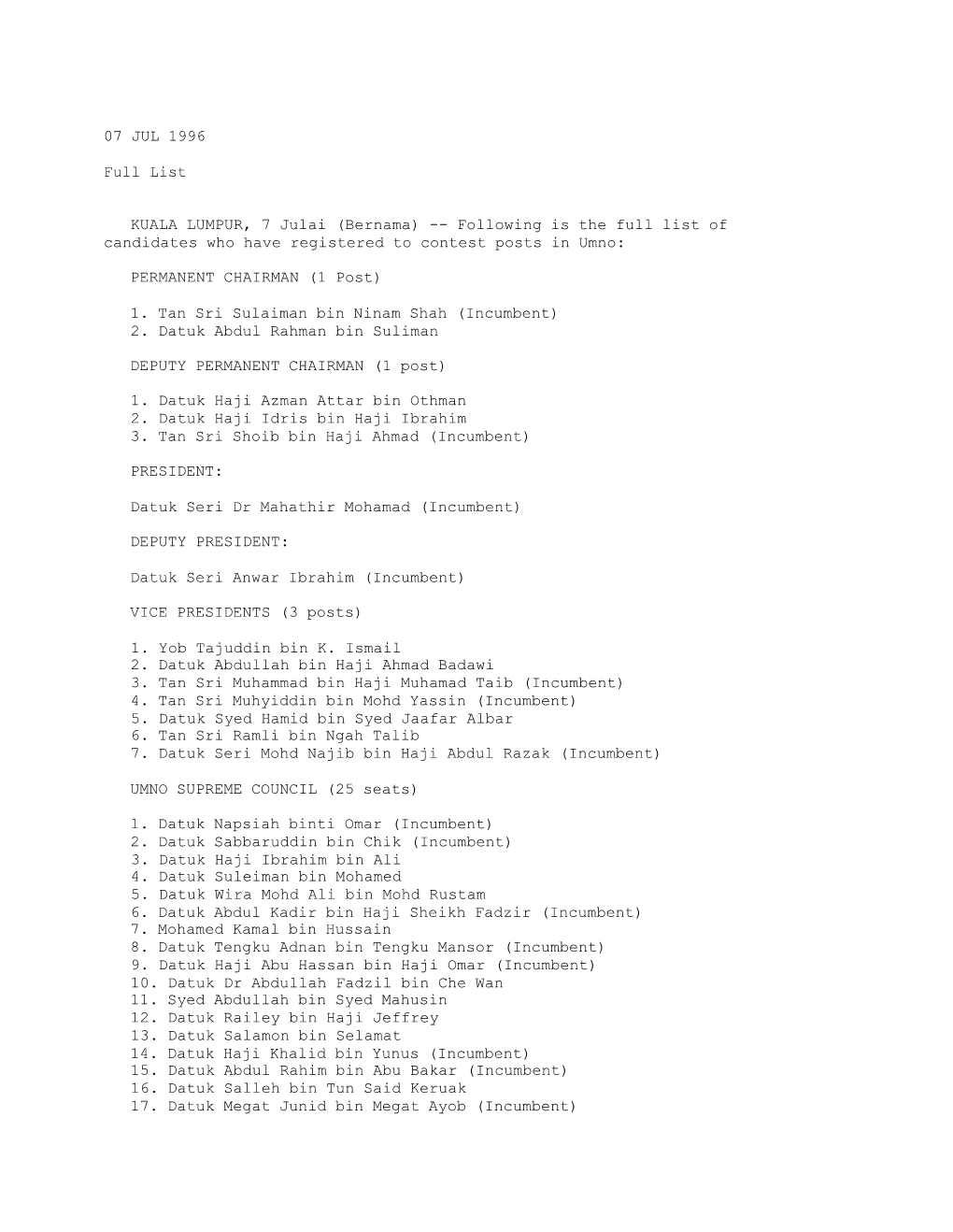 Full List (Bernama 07/07/1996)