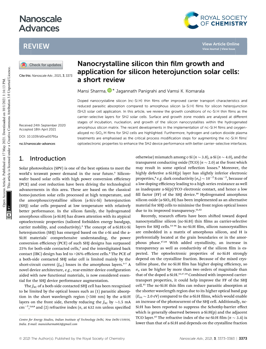 Nanocrystalline Silicon Thin Film Growth and Application