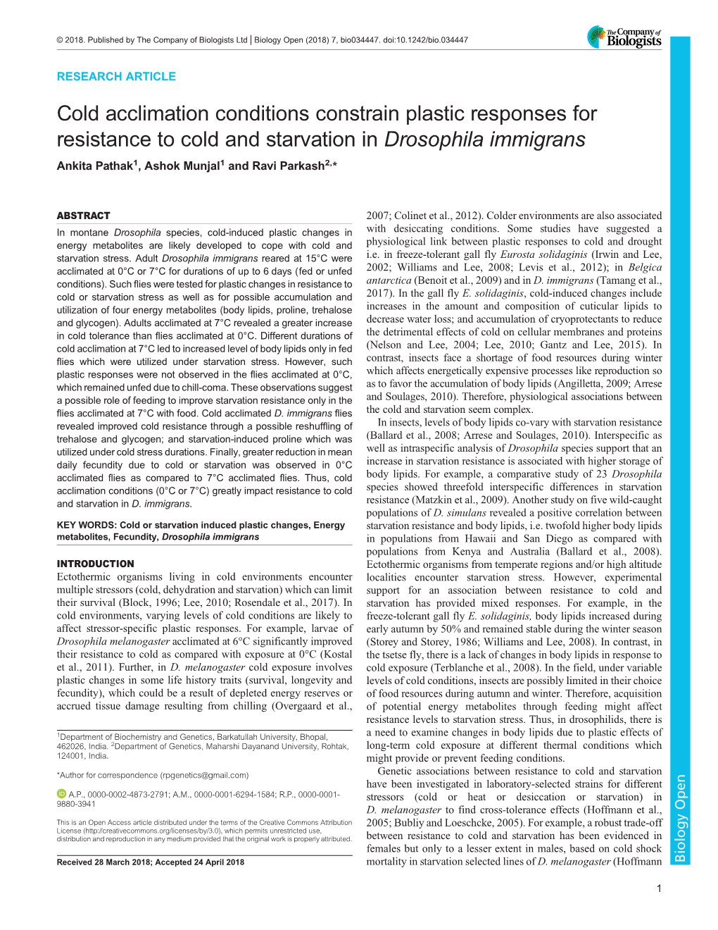 Cold Acclimation Conditions Constrain Plastic Responses for Resistance to Cold and Starvation in Drosophila Immigrans