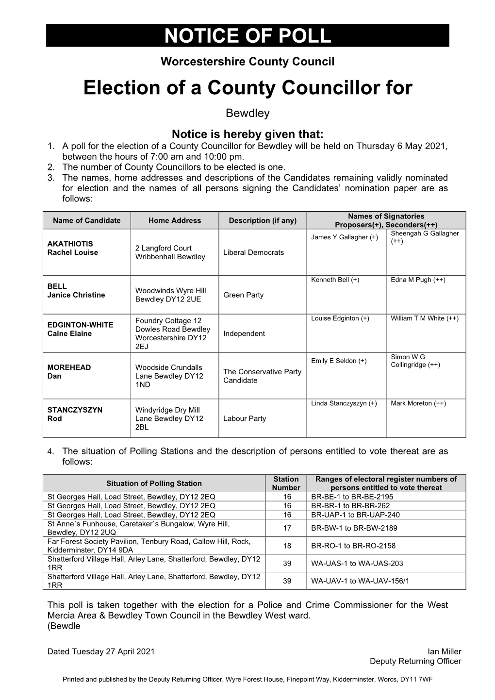 NOTICE of POLL Election of a County Councillor