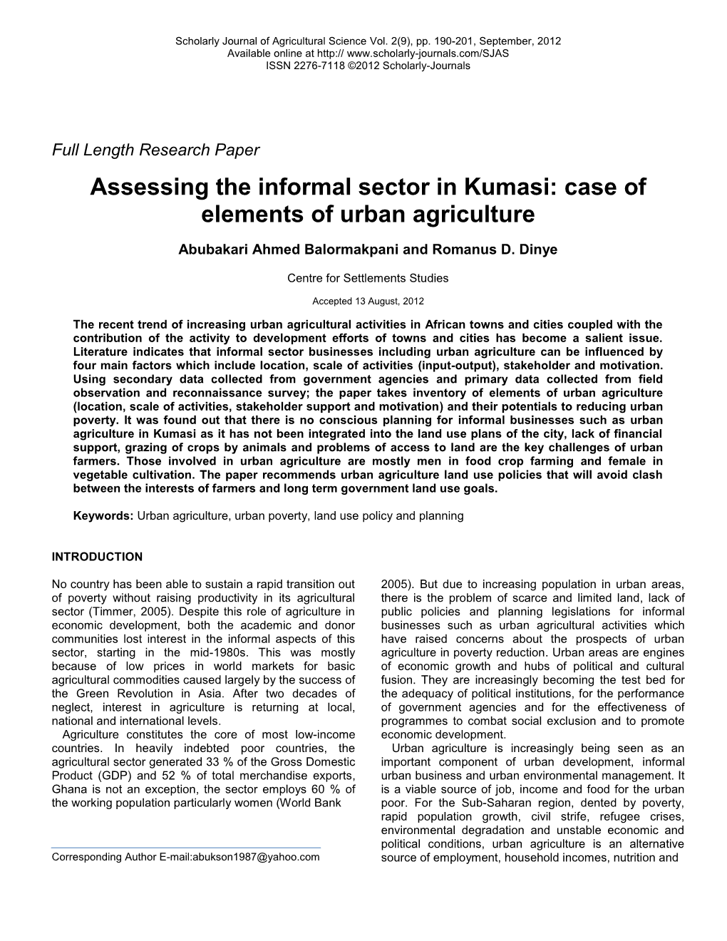 Assessing the Informal Sector in Kumasi: Case of Elements of Urban Agriculture
