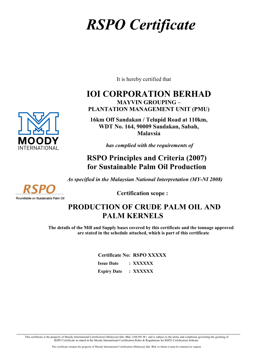 RSPO Certificate