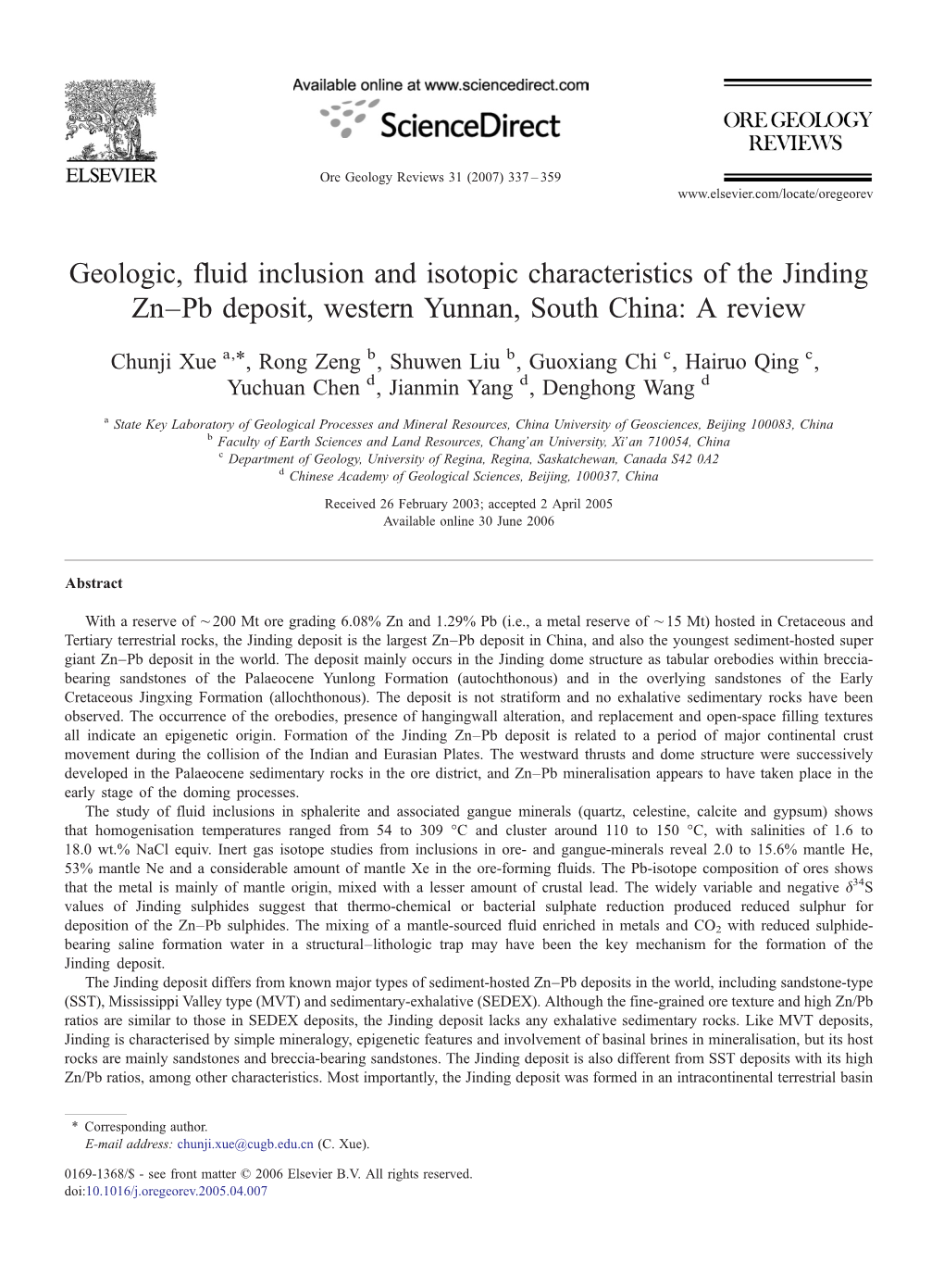 Geologic, Fluid Inclusion and Isotopic Characteristics of the Jinding Zn–Pb