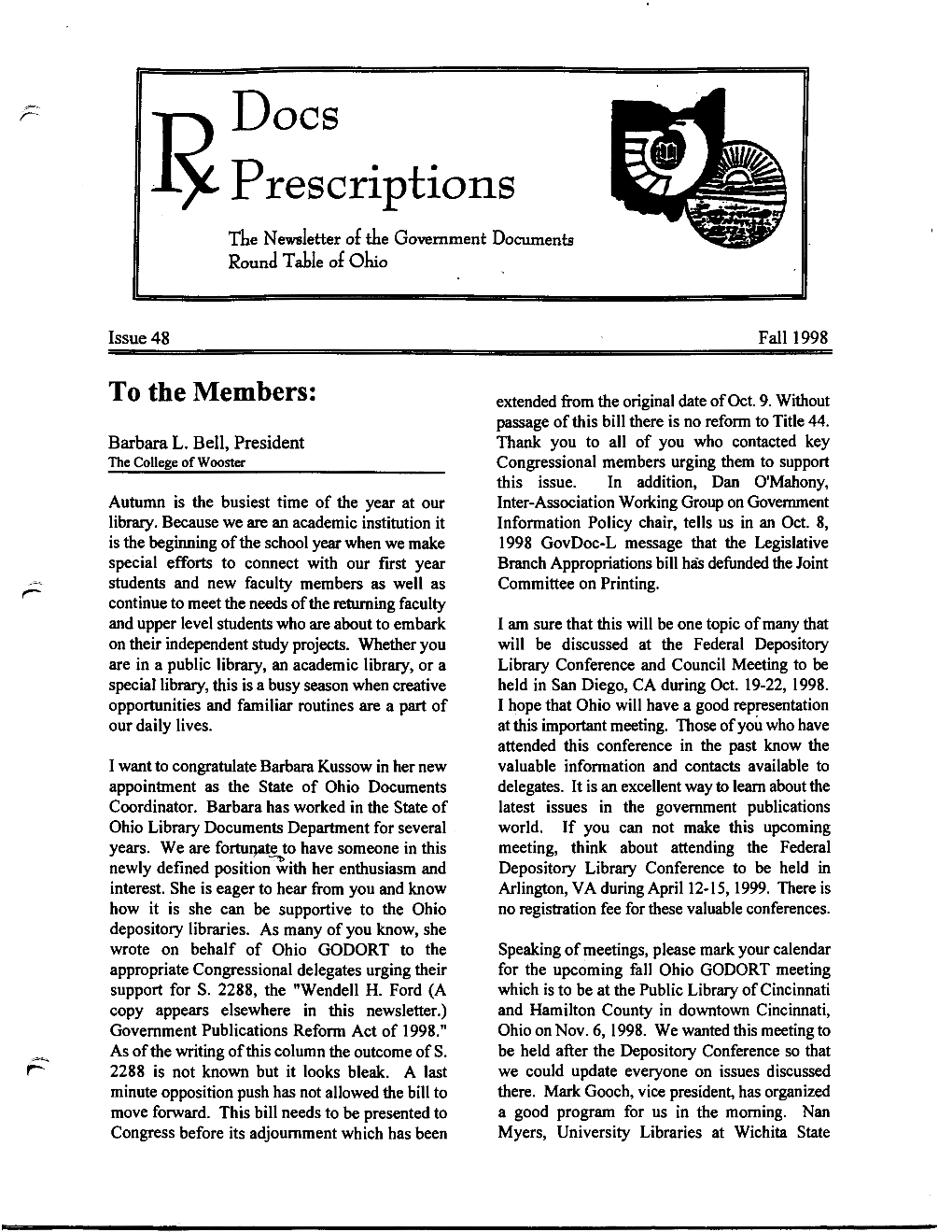 Prescriptions the Newsletter of the Government Documents Round Table of Ohio
