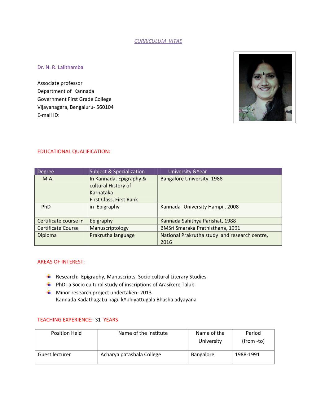 CURRICULUM VITAE Dr. N. R. Lalithamba Associate Professor