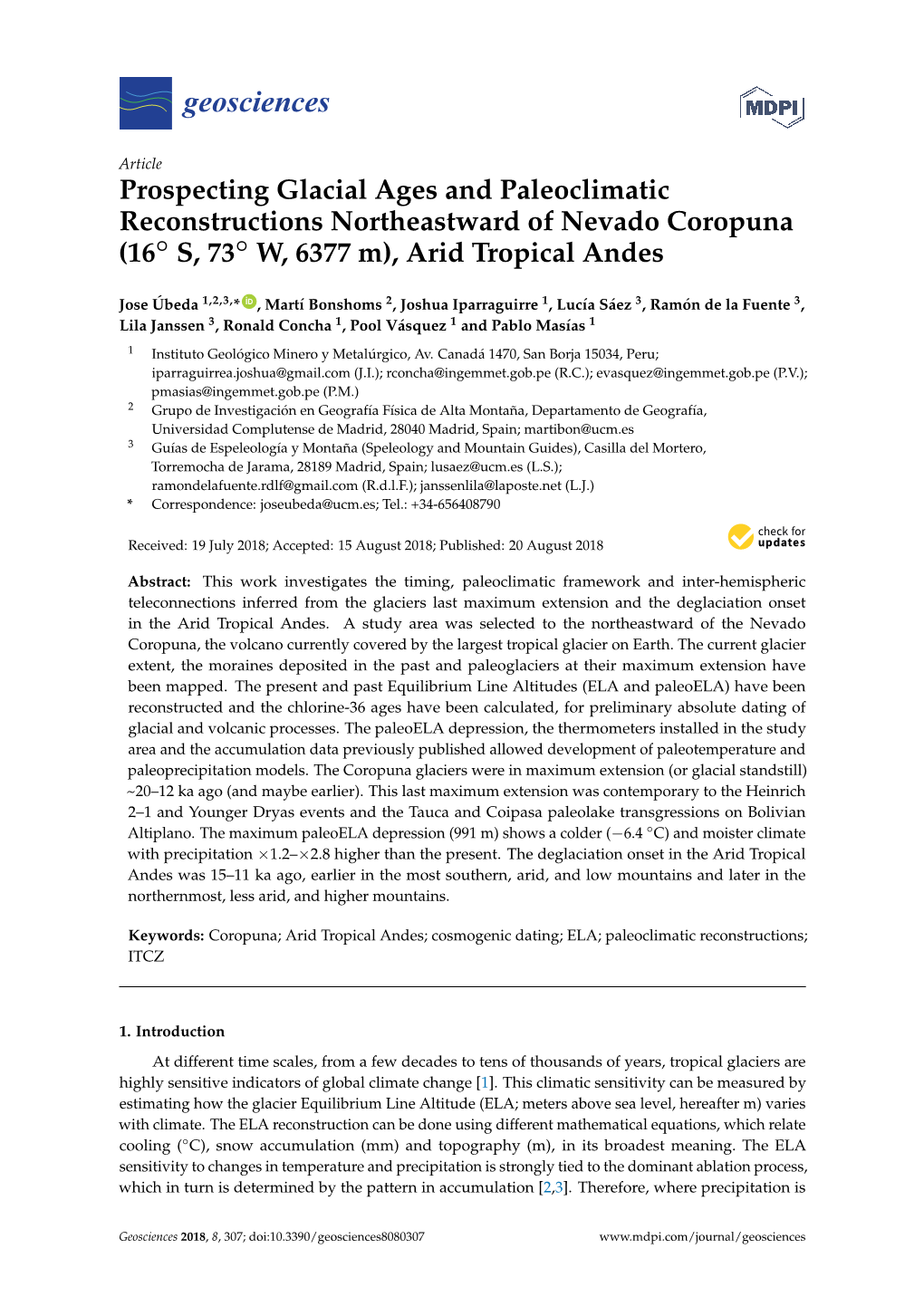 Prospecting Glacial Ages and Paleoclimatic Reconstructions Northeastward of Nevado Coropuna (16◦ S, 73◦ W, 6377 M), Arid Tropical Andes