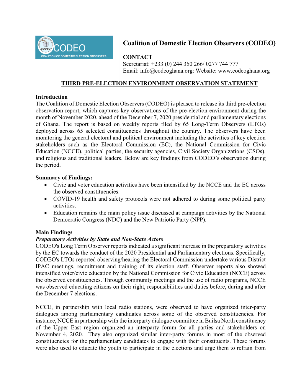 Coalition of Domestic Election Observers (CODEO)