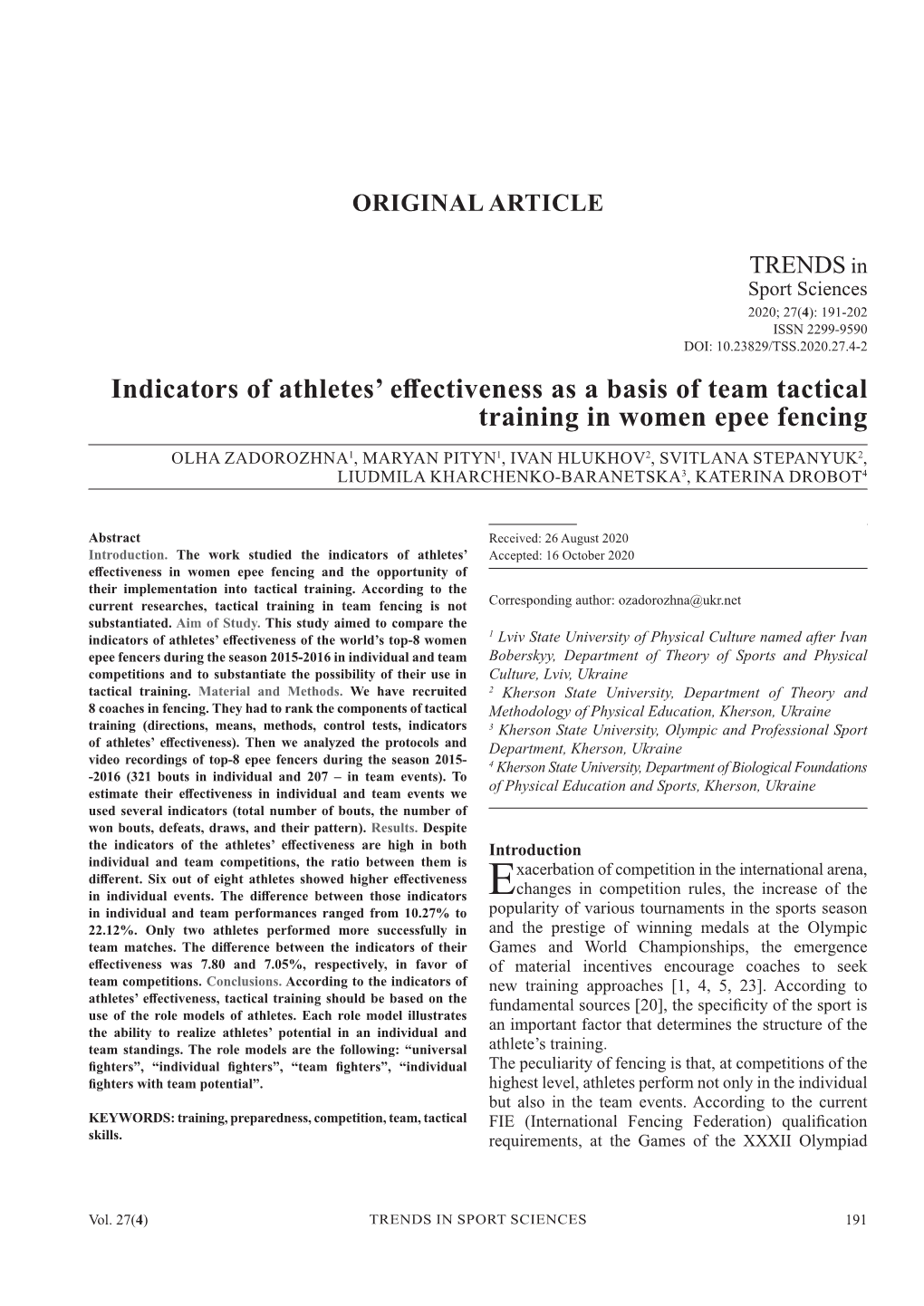 Indicators of Athletes' Effectiveness As a Basis of Team Tactical Training In