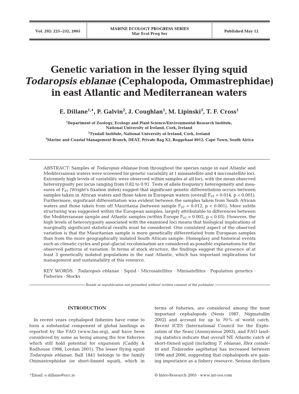 Genetic Variation in the Lesser Flying Squid Todaropsis Eblanae (Cephalopoda, Ommastrephidae) in East Atlantic and Mediterranean Waters