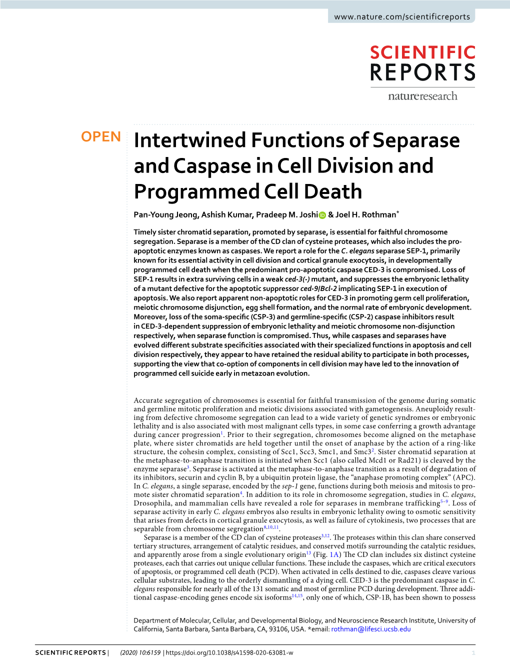 Intertwined Functions of Separase and Caspase in Cell Division and Programmed Cell Death Pan-Young Jeong, Ashish Kumar, Pradeep M