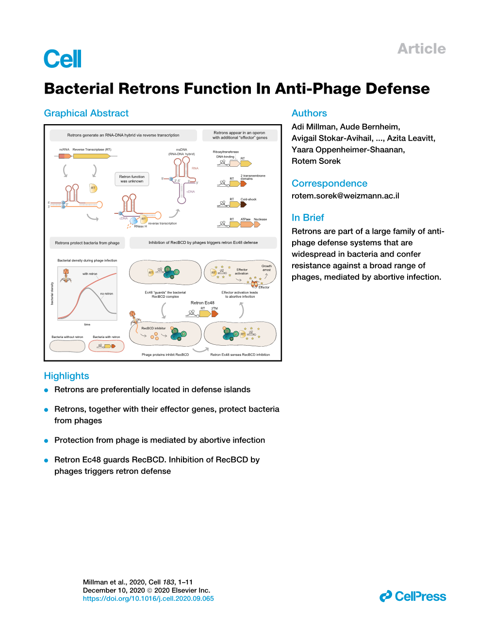 Bacterial Retrons Function in Anti-Phage Defense
