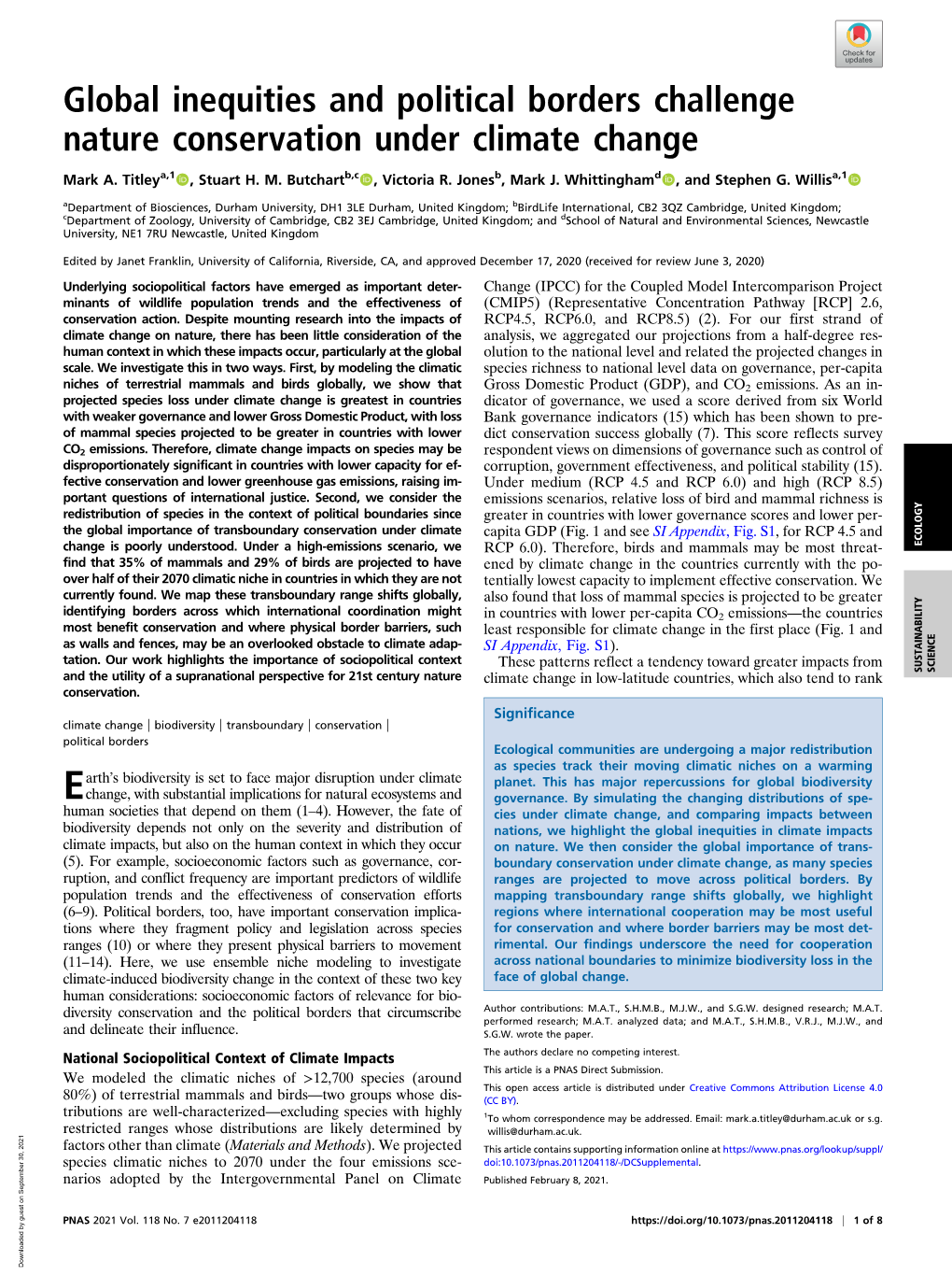 Global Inequities and Political Borders Challenge Nature Conservation Under Climate Change