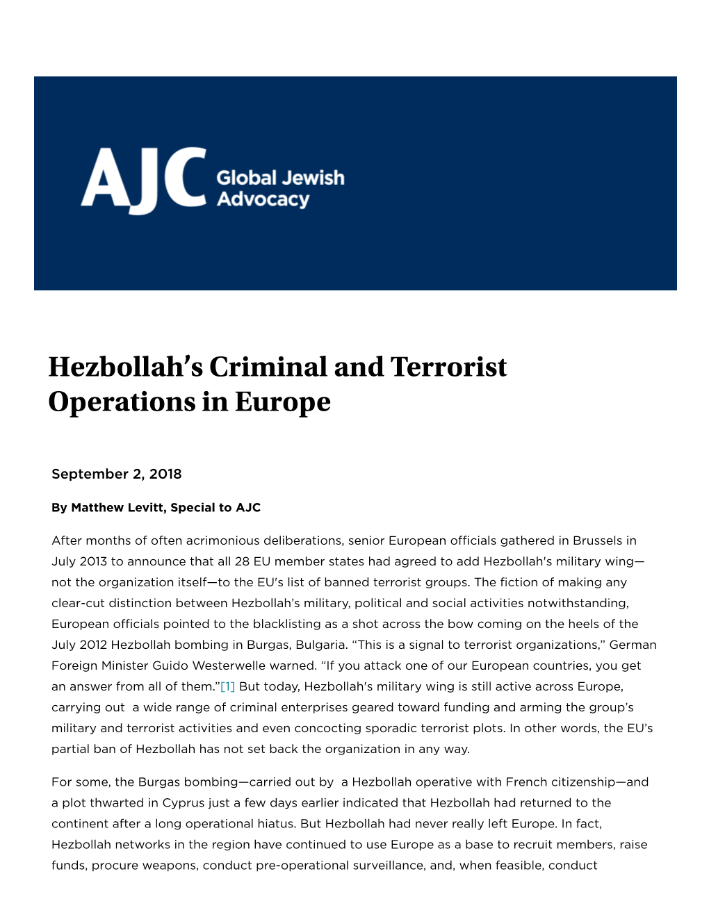 Hezbollah's Criminal and Terrorist Operations in Europe