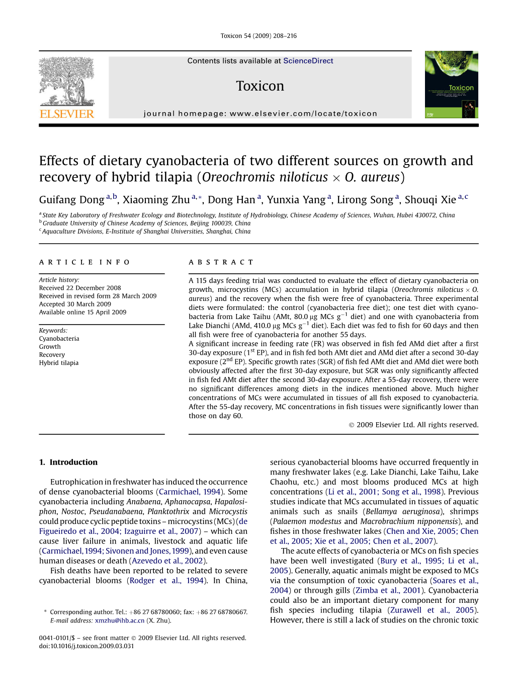 Effects of Dietary Cyanobacteria of Two Different Sources on Growth and Recovery of Hybrid Tilapia (Oreochromis Niloticus � O