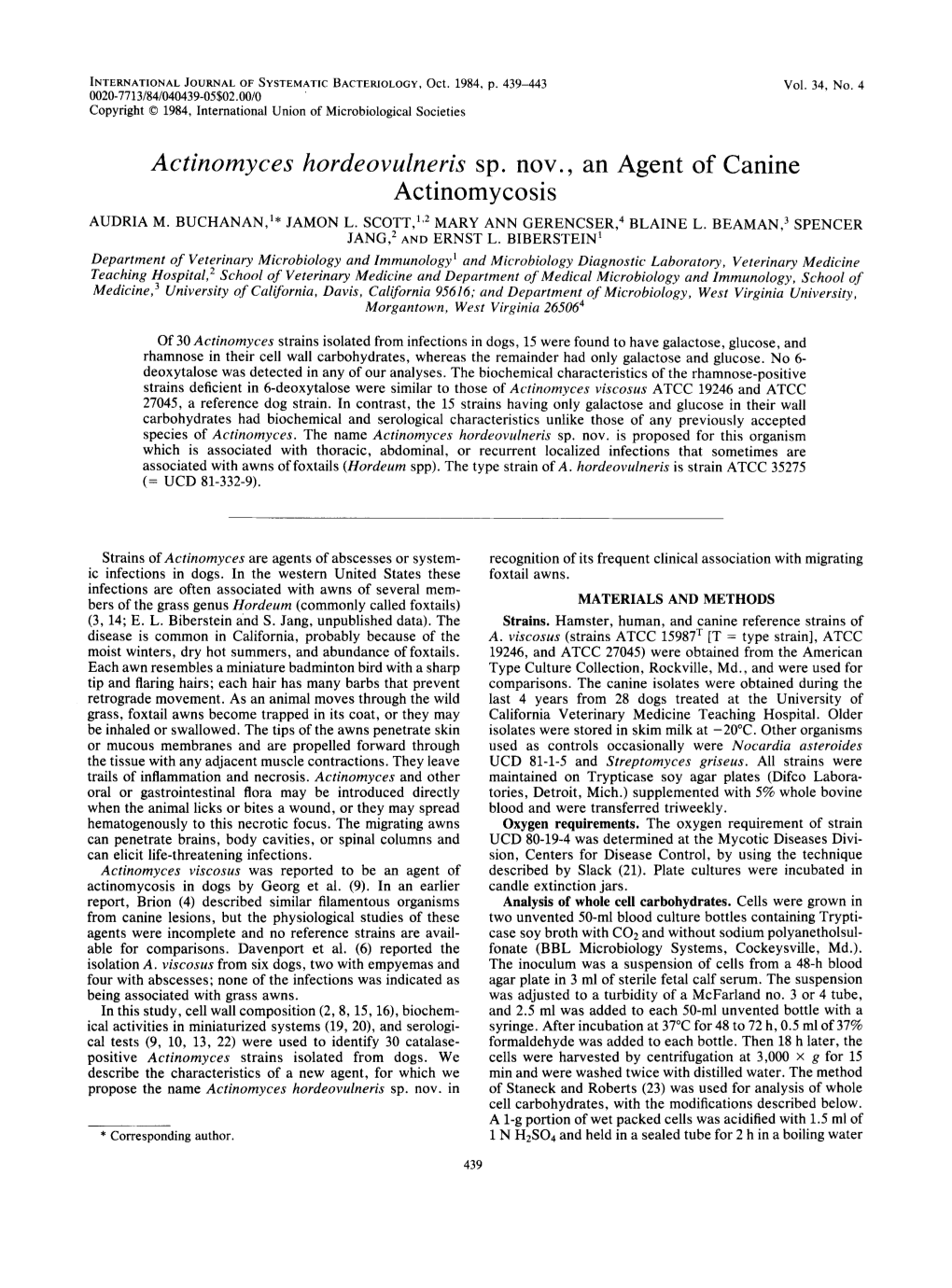 Actinomyces Hordeovulneris Sp. Nov. an Agent of Canine Actinomycosis AUDRIA M