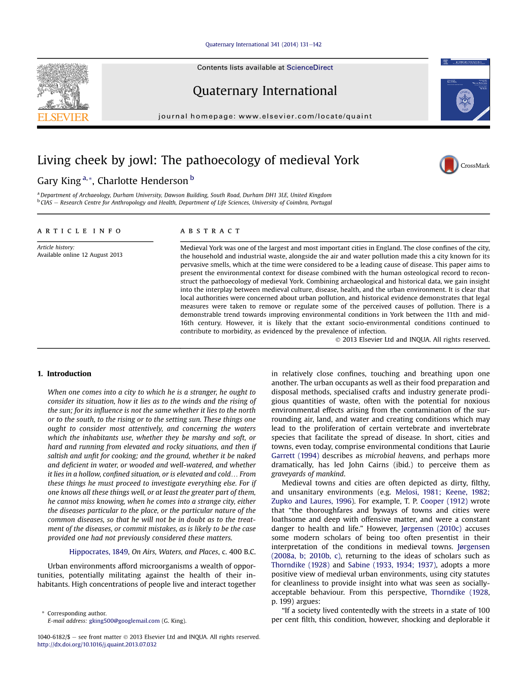 Living Cheek by Jowl: the Pathoecology of Medieval York