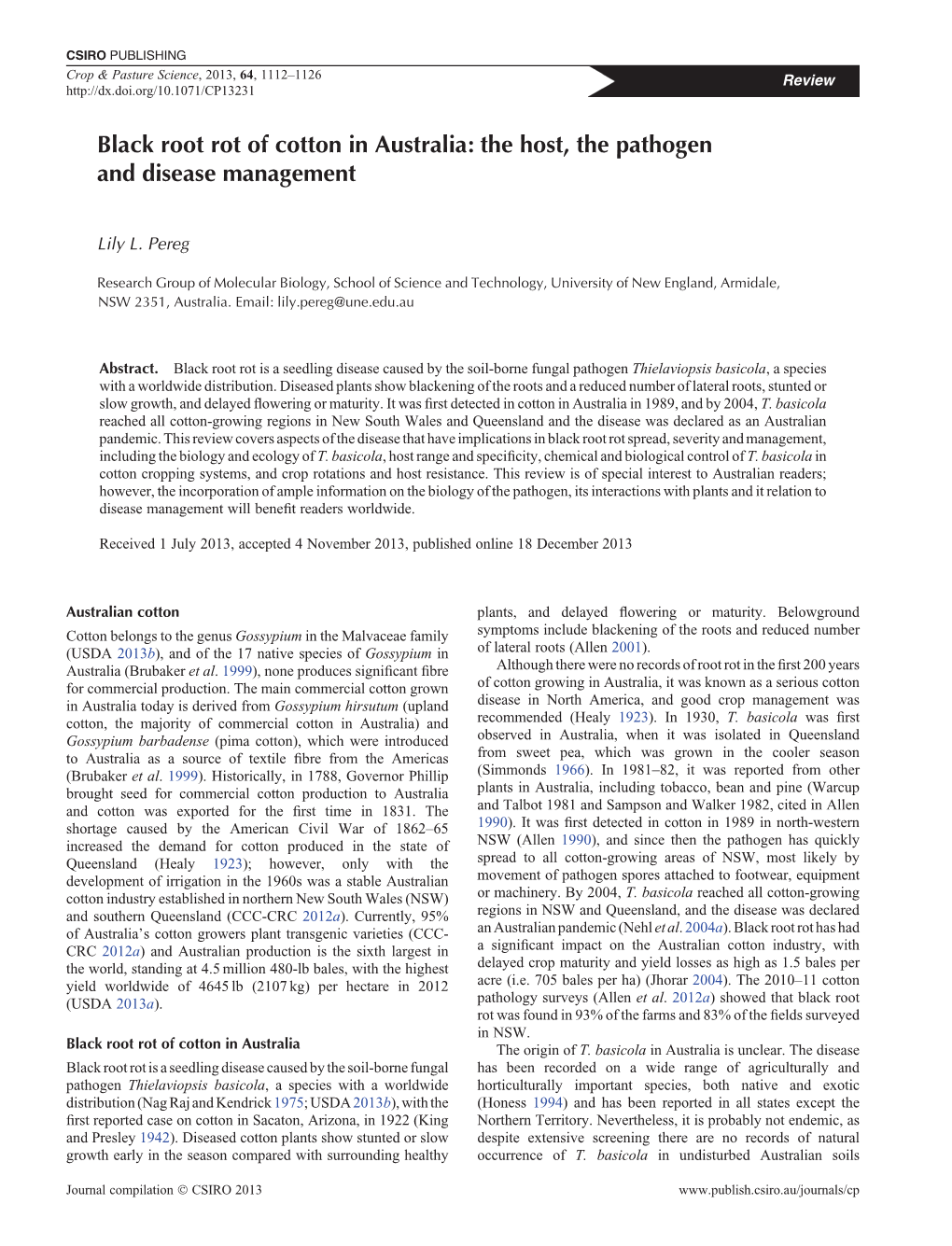 Black Root Rot of Cotton in Australia: the Host, the Pathogen and Disease Management