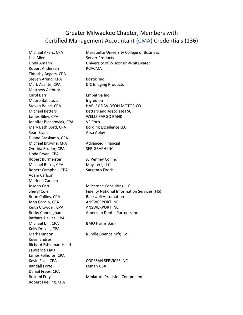 Greater Milwaukee Chapter, Members with Certified Management Accountant (CMA) Credentials (136)