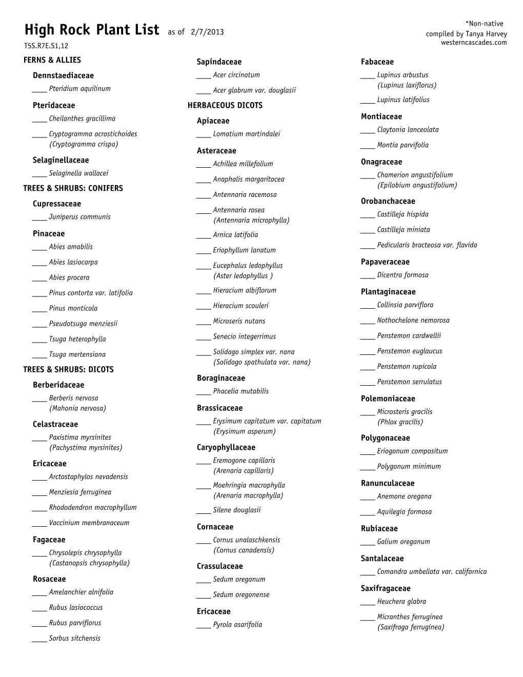 Plant List High Rock