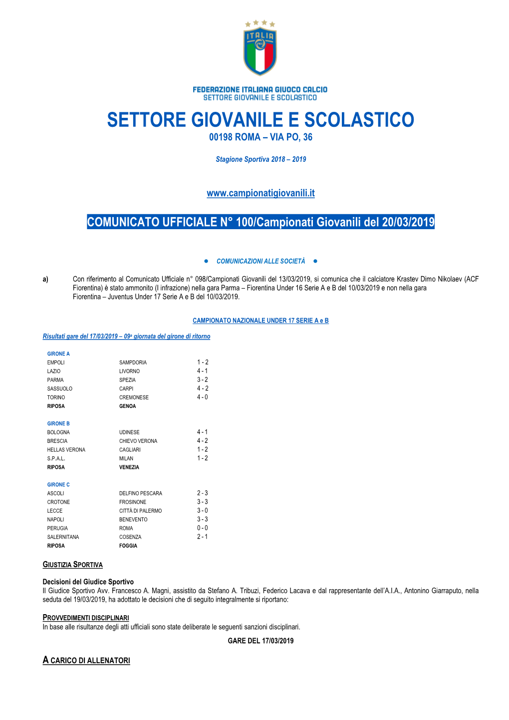 Settore Giovanile E Scolastico 00198 Roma – Via Po, 36