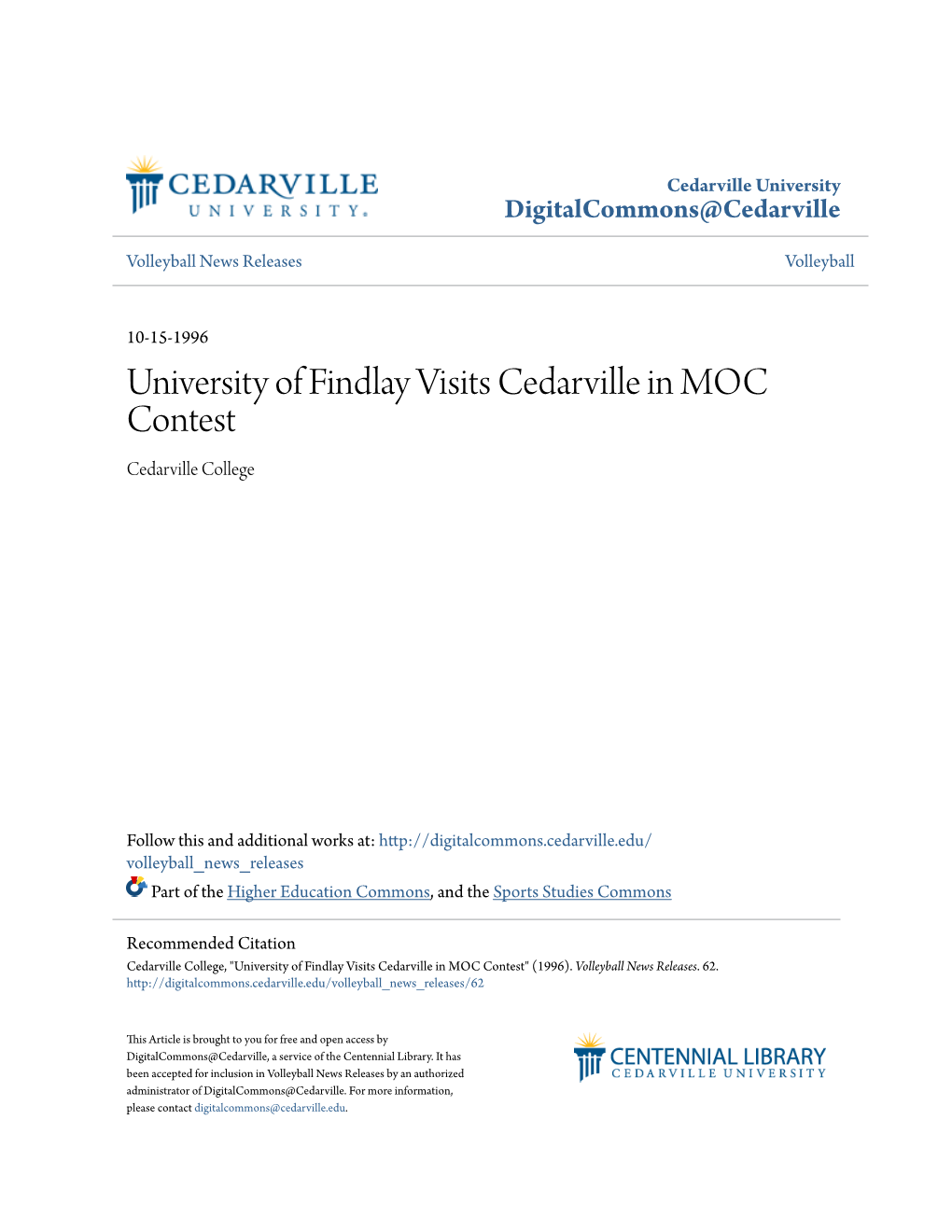 University of Findlay Visits Cedarville in MOC Contest Cedarville College