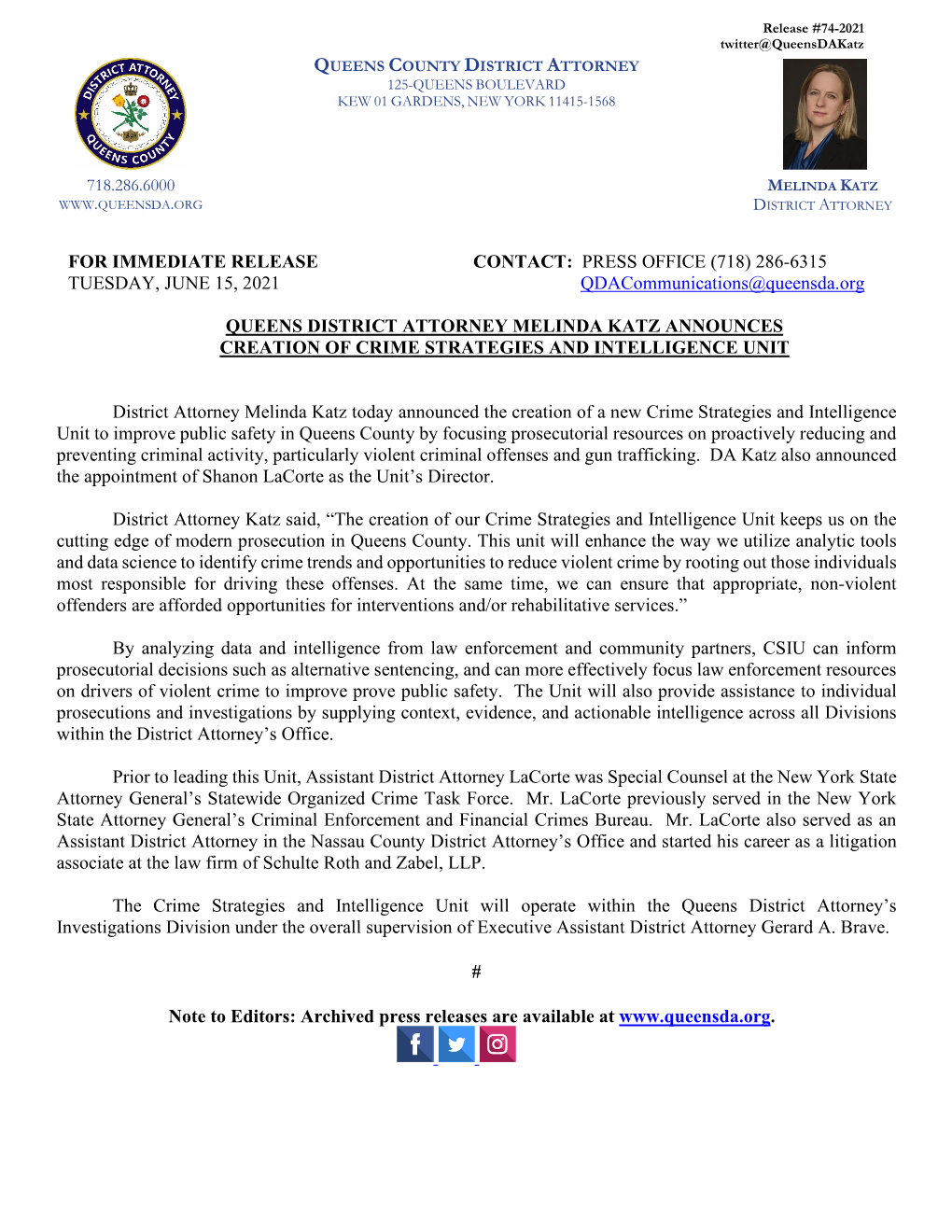 Queens District Attorney Melinda Katz Announces Creation of Crime Strategies and Intelligence Unit