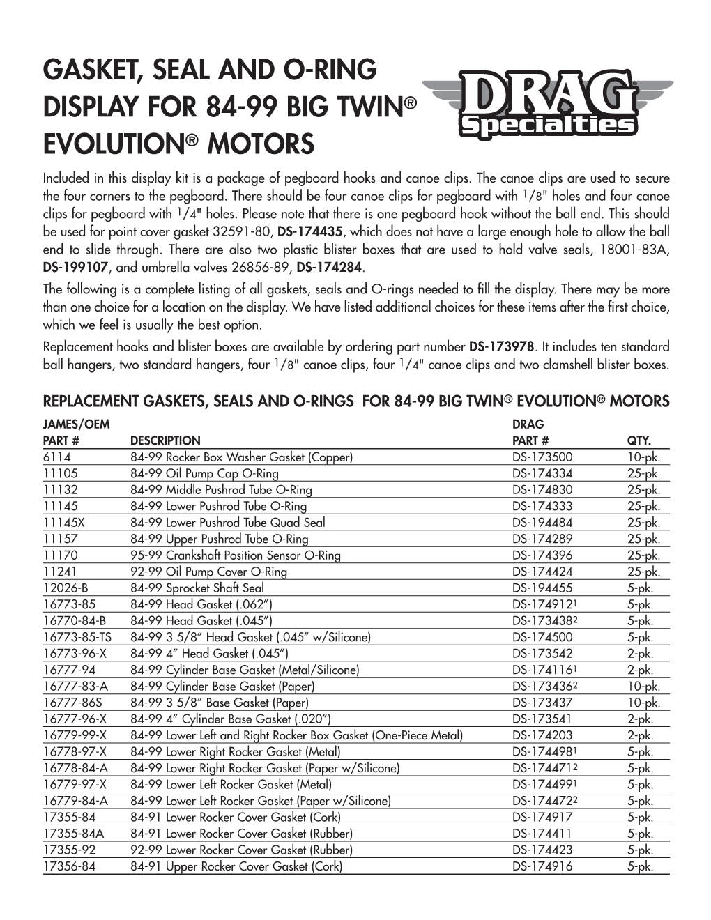 GASKET, SEAL and O-RING DISPLAY for 84-99 BIG TWIN® EVOLUTION® MOTORS Included in This Display Kit Is a Package of Pegboard Hooks and Canoe Clips