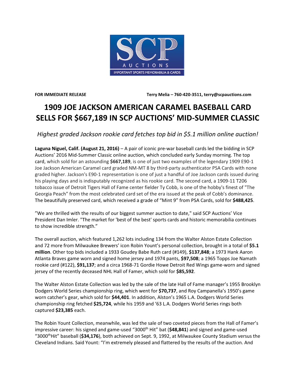 1909 Joe Jackson American Caramel Baseball Card Sells for $667,189 in Scp Auctions’ Mid-Summer Classic