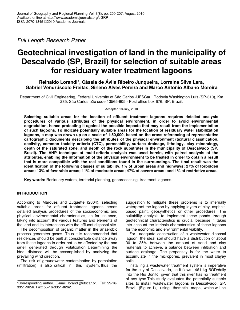 Geotechnical Investigation of Land in the Municipality of Descalvado (SP, Brazil) for Selection of Suitable Areas for Residuary Water Treatment Lagoons