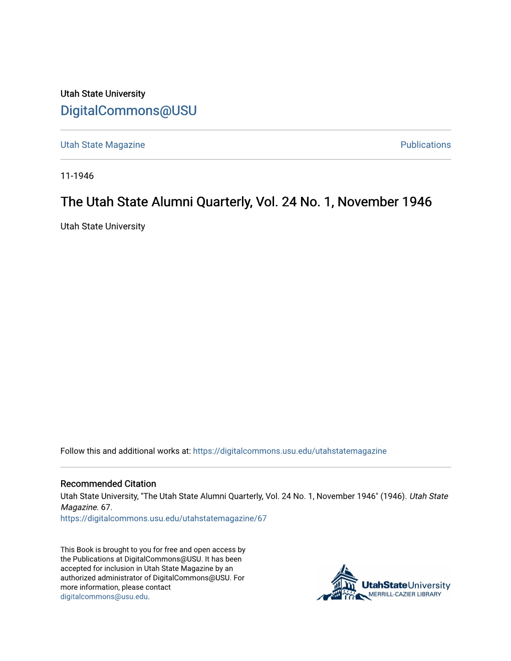 The Utah State Alumni Quarterly, Vol. 24 No. 1, November 1946