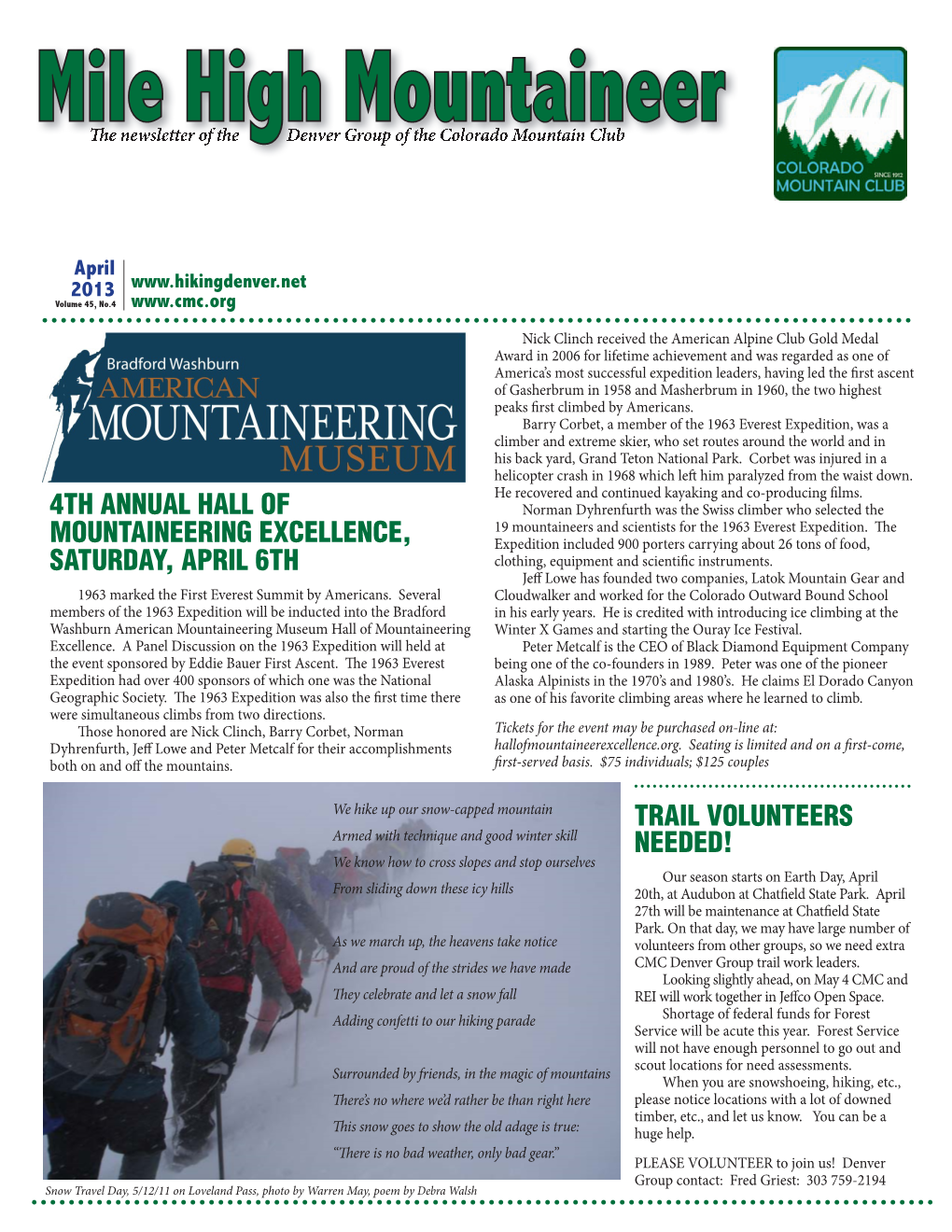 Mile High Mountaineer the Newsletter of the Denver Group of the Colorado Mountain Club