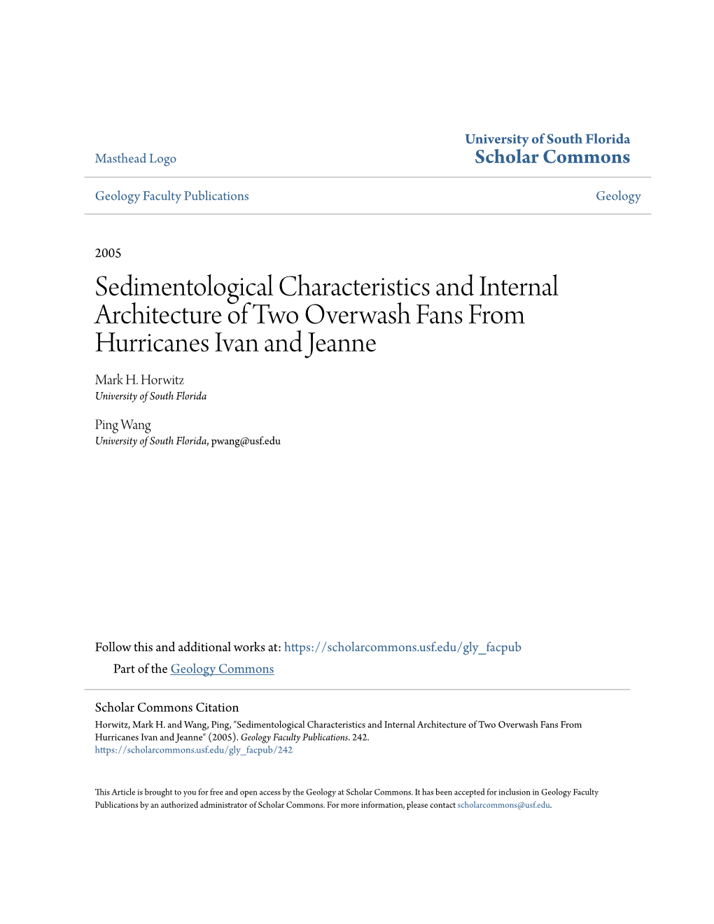 Sedimentological Characteristics and Internal Architecture of Two Overwash Fans from Hurricanes Ivan and Jeanne Mark H