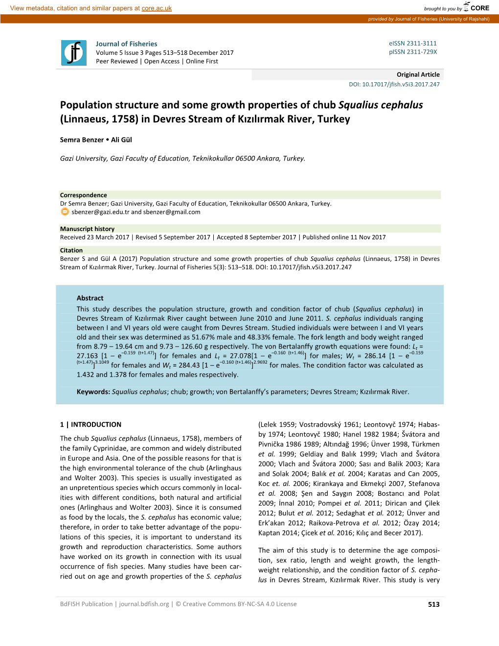 Population Structure and Some Growth Properties of Chub Squalius Cephalus (Linnaeus, 1758) in Devres Stream of Kızılırmak River, Turkey