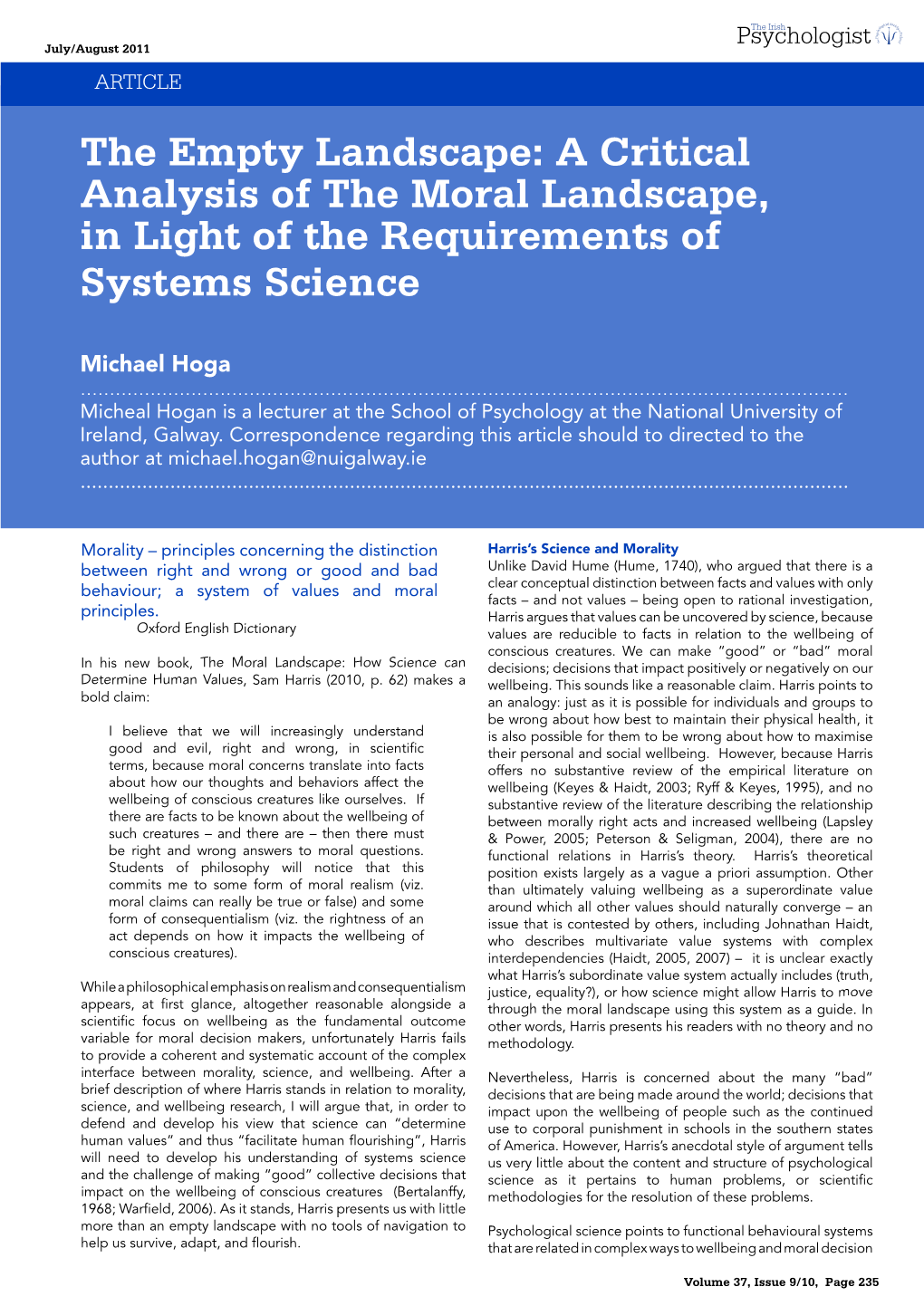 The Empty Landscape: a Critical Analysis of the Moral Landscape, in Light of the Requirements of Systems Science