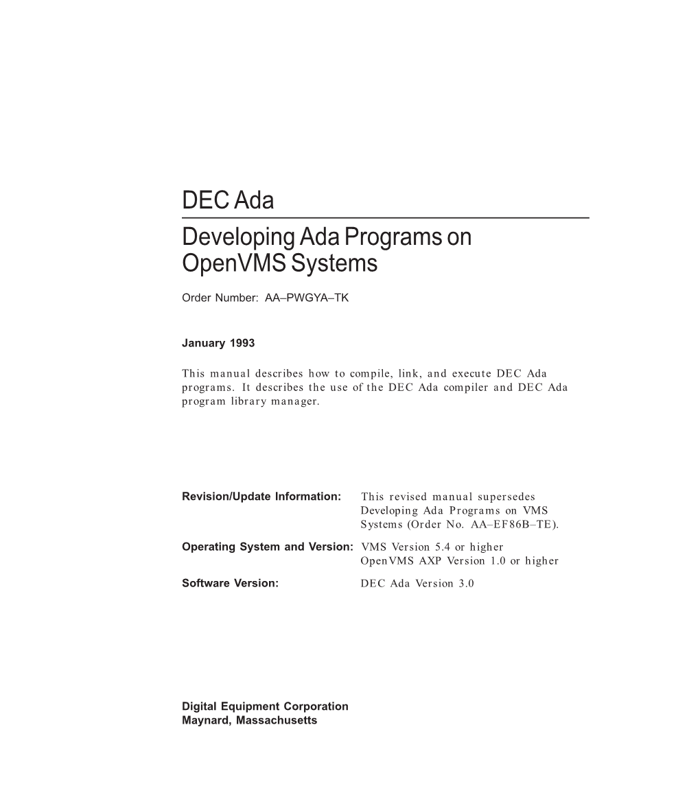 DEC Ada Developing Ada Programs on Openvms Systems